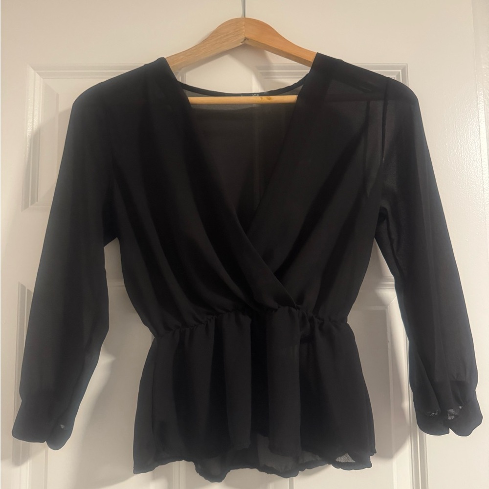 Boohoo Black Sheer Wrap Blouse